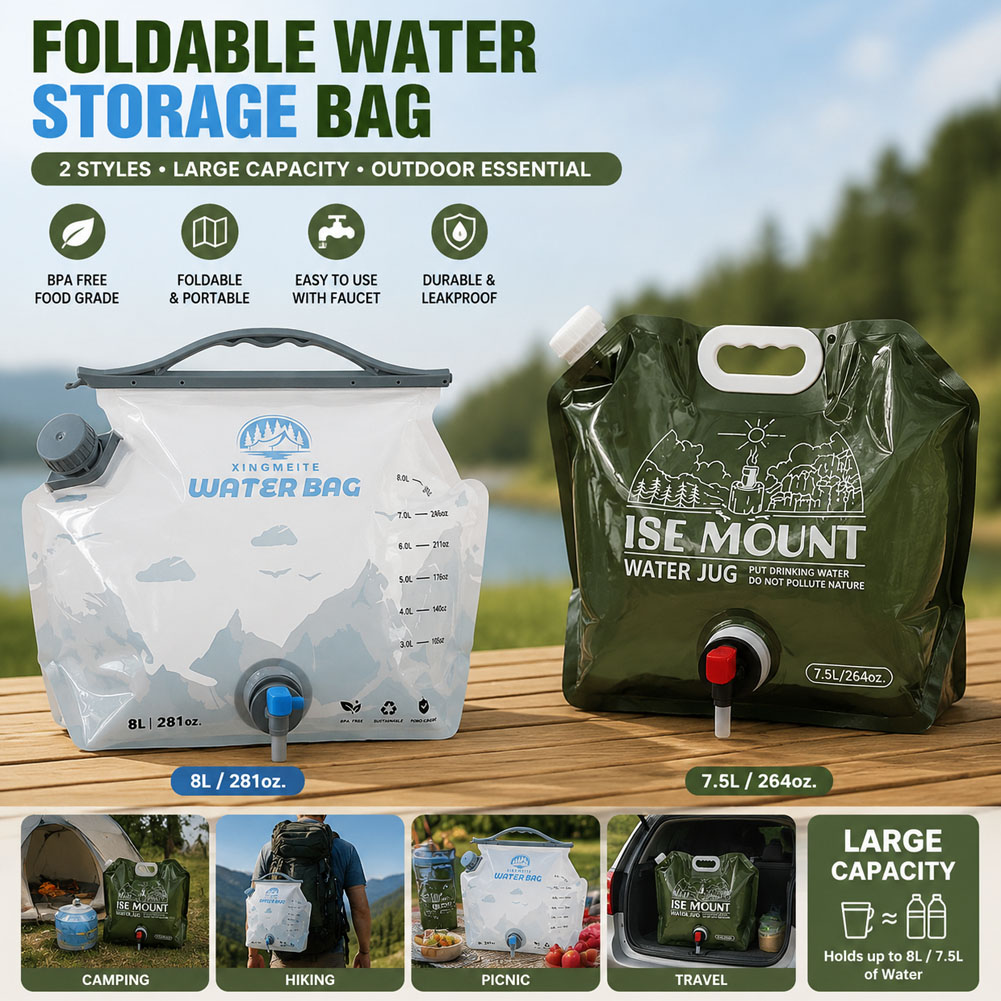 Water Bag Collapsible - ถังเก็บน้ำพับได้ขนาดใหญ่ 8 ลิตร สำหรับใช้งานกลางแจ้ง พร้อมก๊อกน้ำ ถุงน้ำพลาสติก